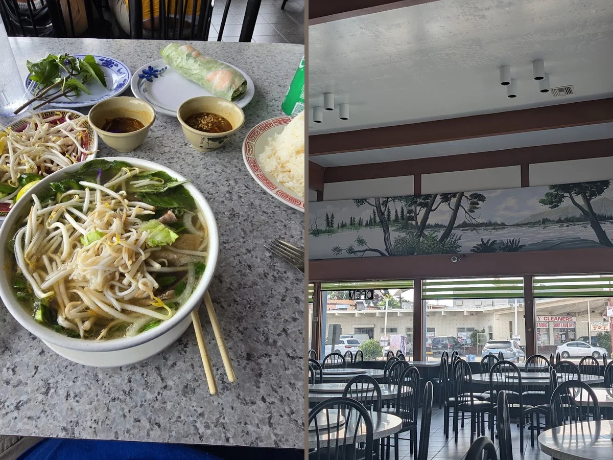 Casual Vietnamese restaurant interior with simple seating.